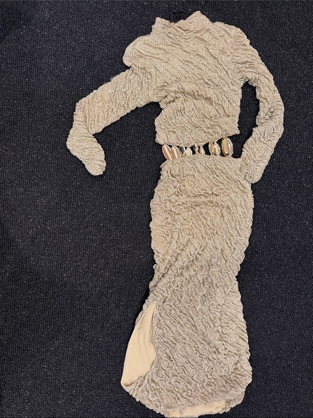 Textured Beige Long-Sleeve Maxi Dress with Decorative Waist